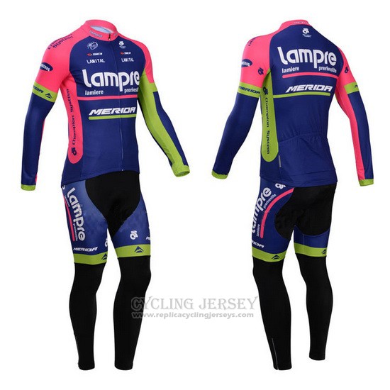 2014 Cycling Jersey Lampre Merida Pink and Blue Long Sleeve and Bib Tight